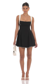 Scallop Hem Fit and Flare Dress in Black